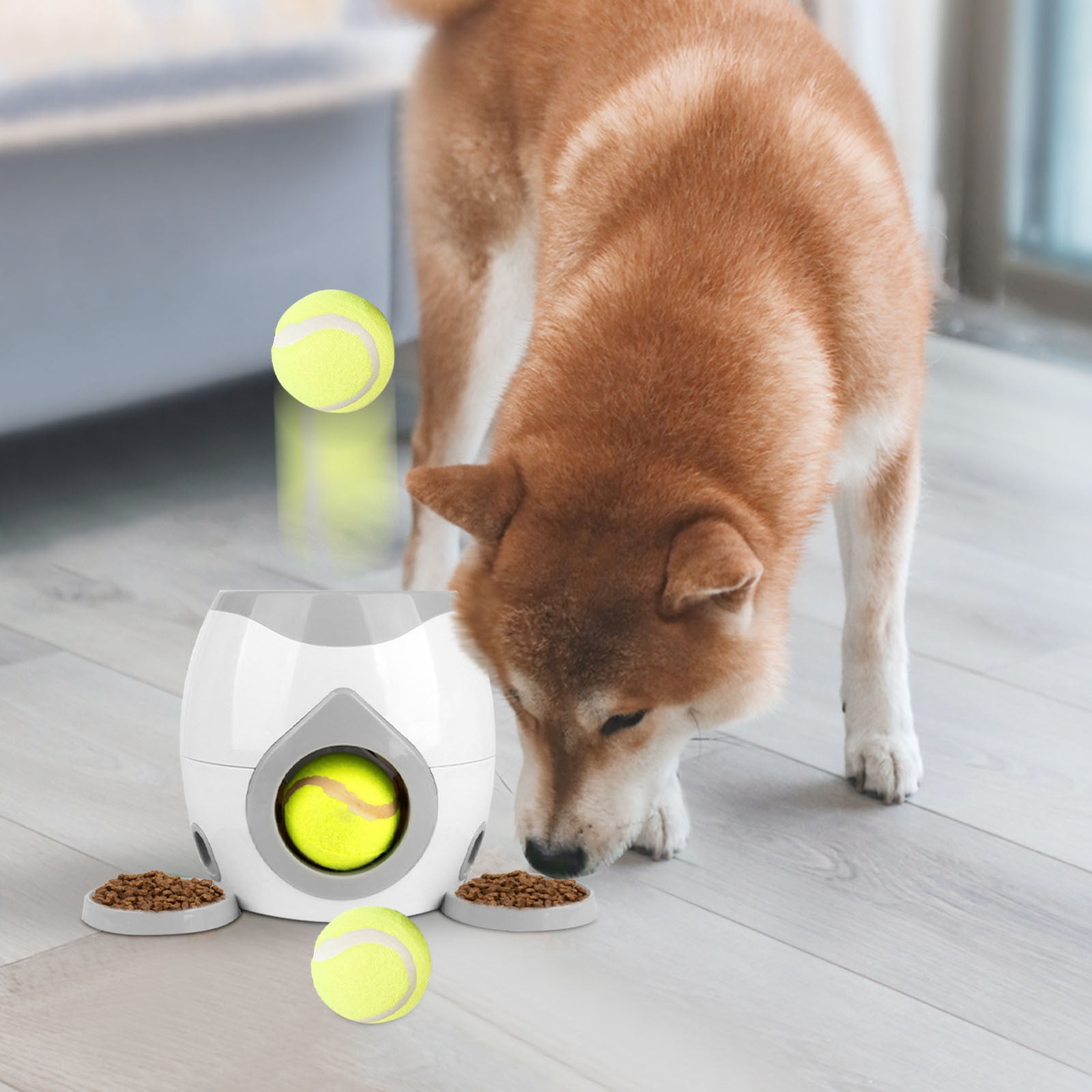 Automatic Ball Launcher for Small Dogs, Automatic Feeder for Interactive Dog Training, Including 2 Tennis Ball (2inch), Keep Dog Happy, White