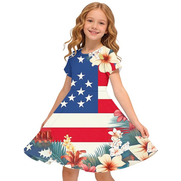 Odeerbi Niñas Día de La Independencia Vestido de Línea A Verano Patriótico Cuello Redondo Manga Corta Vestido Casual