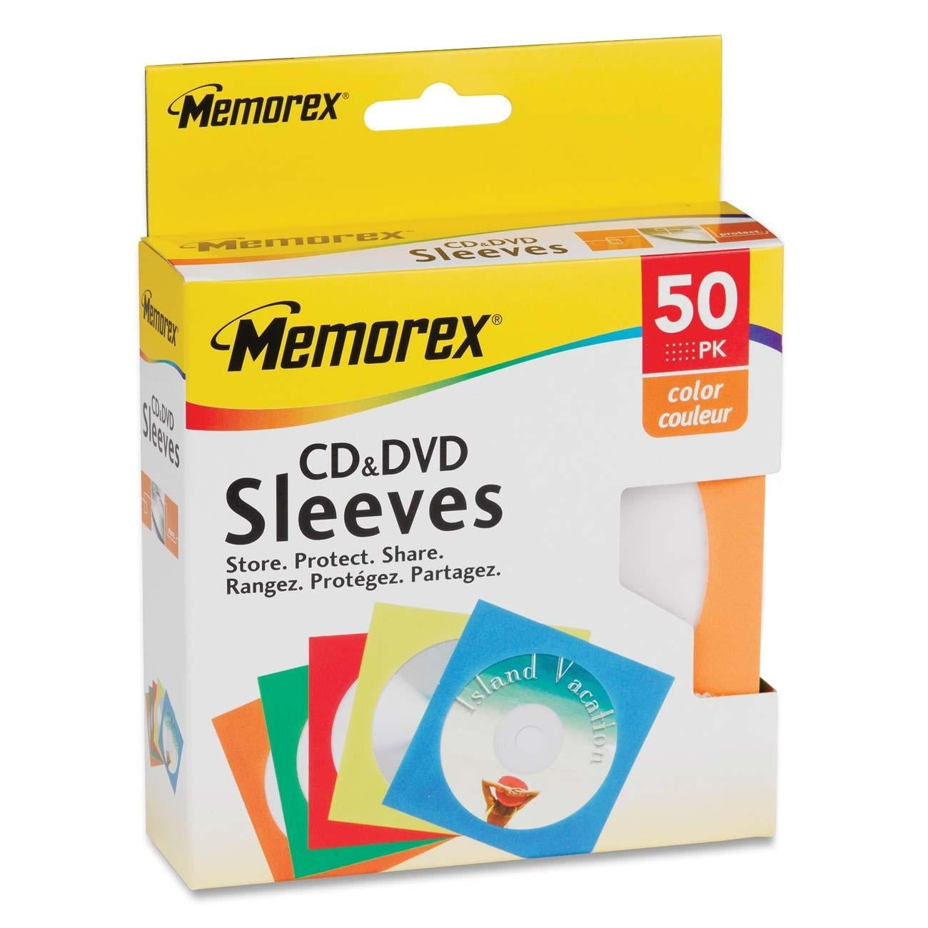 Memorex CD/DVD Paper Sleeves, 50Pack, Assorted Colors