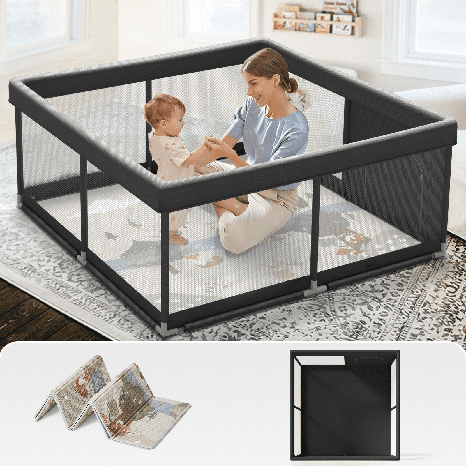Pkinoicy 47x47inch Baby Playpen with Mat, Small Baby Play Pen) Baby Pen