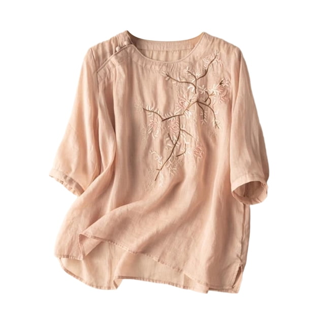 Mujeres Manga Corta de Verano Tops Color Sólido Encaje Coser Cuello de la Tripulación Casual Top, Blusa de Tela Suave Flexible, Lavado a Mano Primavera Verano