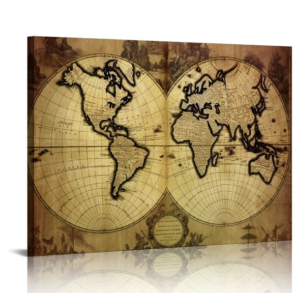 Awypu Vintage World Map Canvas Wall Art, Beige Nautical Map Background Pictures Print on Art Canvas for Office Wall Decor, Antique Earth Map Framed Art for School- living Room Wall Decoration