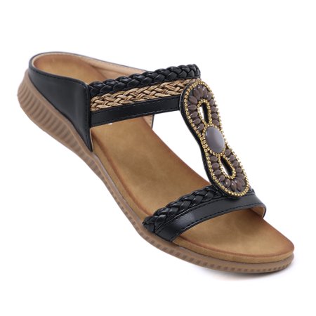 

Women‘s Boho Style Rhinestone Sandals Open Toe Non-slip Beach Slides Shoes Casual Travel Walking Slippers