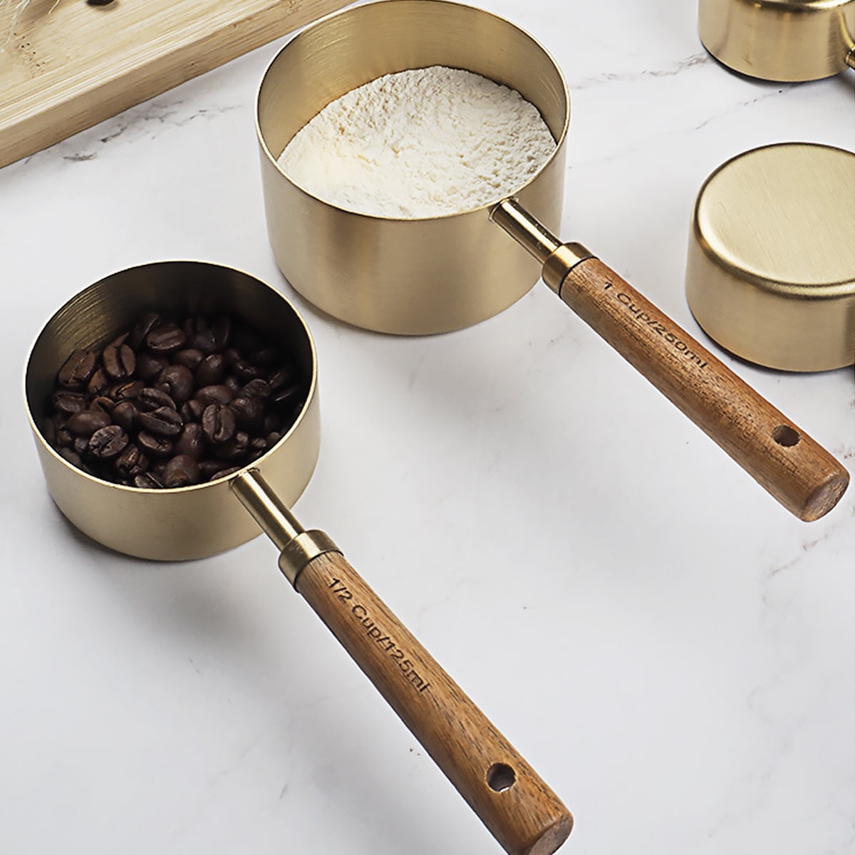FUYGRCJ 8PCS Measuring Spoons and Cups Set, Precision Measuring Cups with Wooden Handle, 4 Stackable Measuring Cups and 4 Measuring Spoons Set with Metric and US Measurements for Cooking & Baking