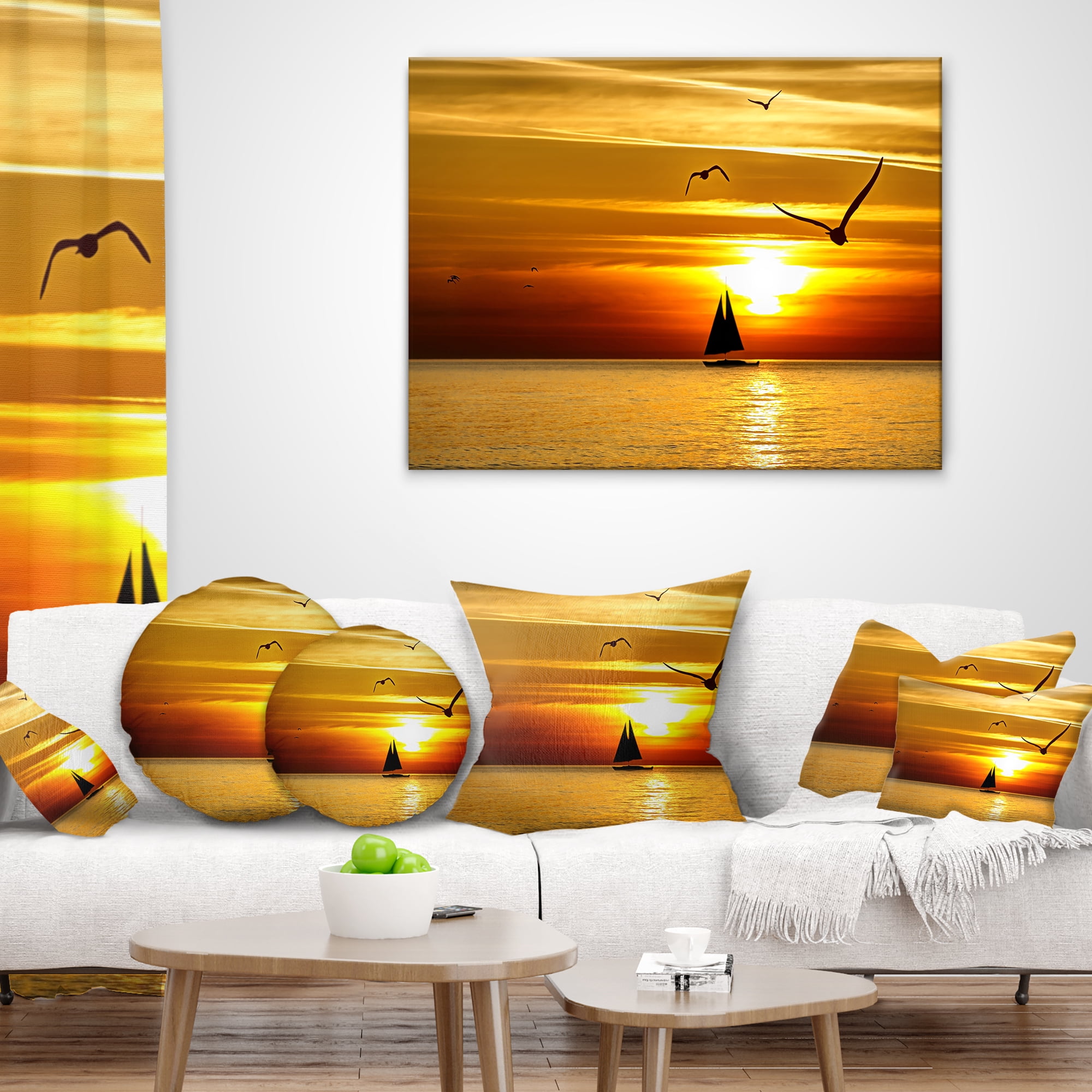 Designart Bright Yellow Beach with Birds - Seashore Throw Pillow - 18x18