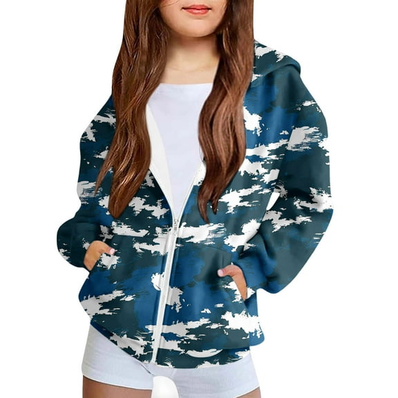dazeni Girls Zip Up Hoodie Kids Fashion Oversized Camo Sweatshirt Jacket with Pockets Loose Casual Fall Winter Outwear