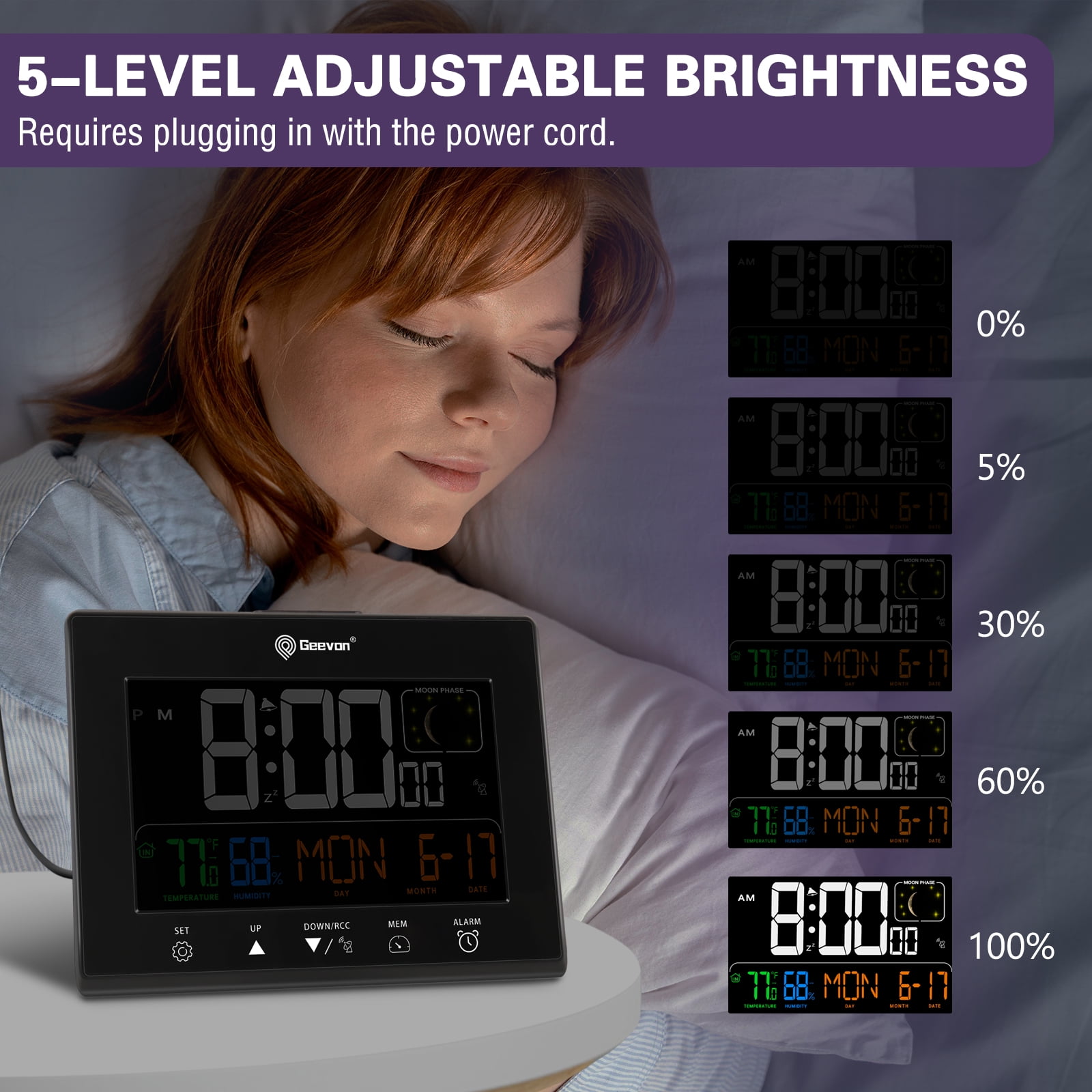Geevon Digital Atomic Alarm Clocks for Bedrooms with Battery Backup, HD Color Display Atomic Lock with Backlight, 2 USB Ports, Indoor Temperature and Humidity, Moon Phases, Time, and Calendar