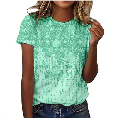 

Charella Women s Short Sleeves Blouse Fashion Printed T-shirt Round Neck Casual Tops Mint Green M
