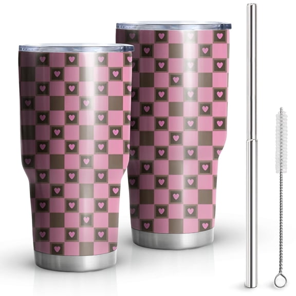 30oz Pink Brown Heart Checkered Pattern Tumblers Stainless Steel Tumbler with Lid and Straw,Vacuum Insulated Double Wall Travel Tumbler Cups Mug with Cleaning Brush for Coffee,Tea
