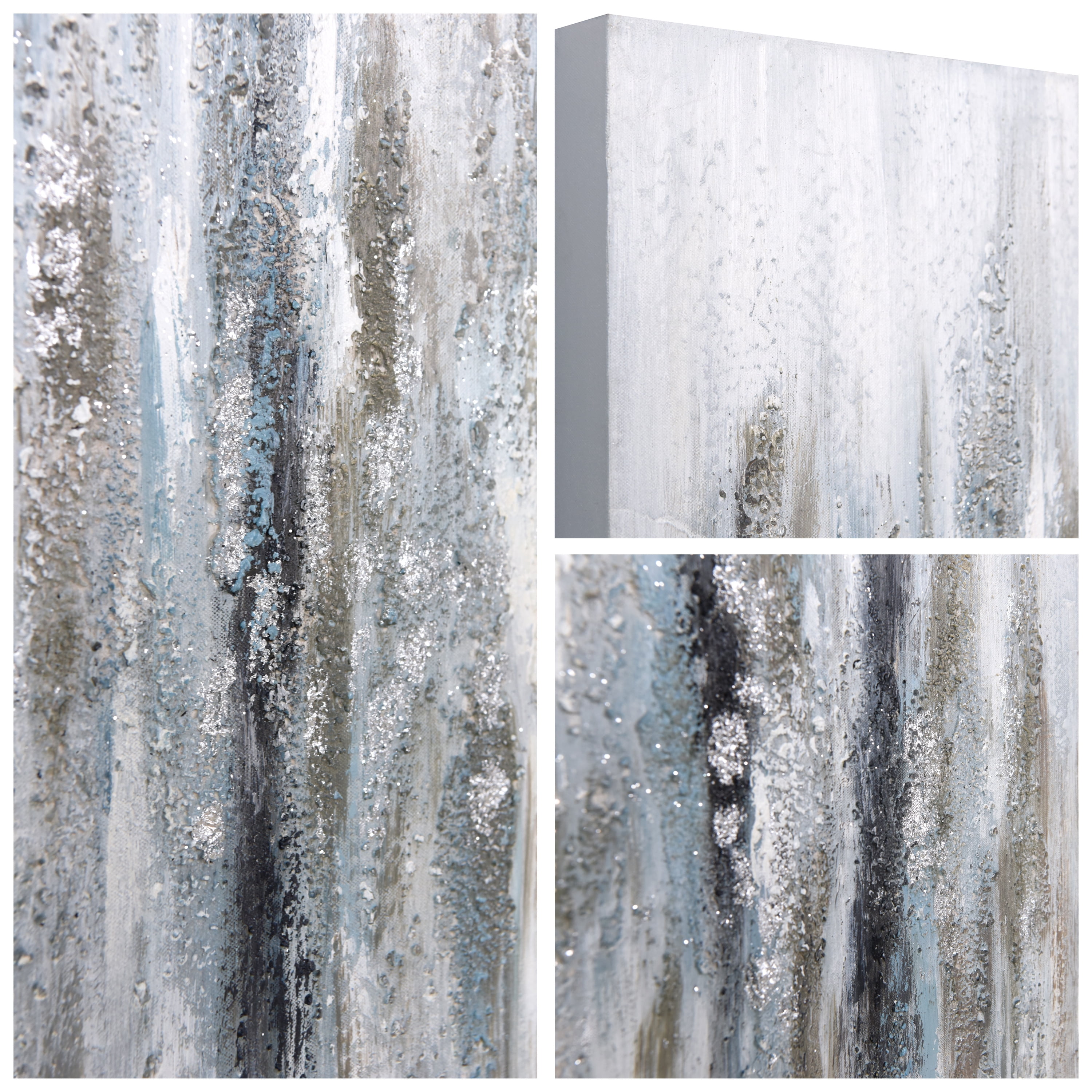 Silver Echoes Textured Hand Painted Framless Canvas Wall Art with Silver Glitter and Silver Leaf
