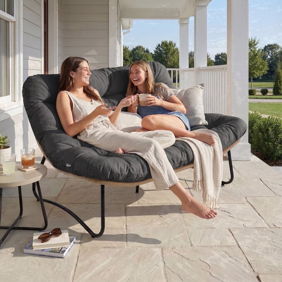 RADIATA Double Papasan Chair Outdoor Indoor, 2-Person Oversized Wicker Loveseat with 5.5" Thick Cushion, Patio Lounge Chair for Porch, Balcony, Sunroom, Dark Gray