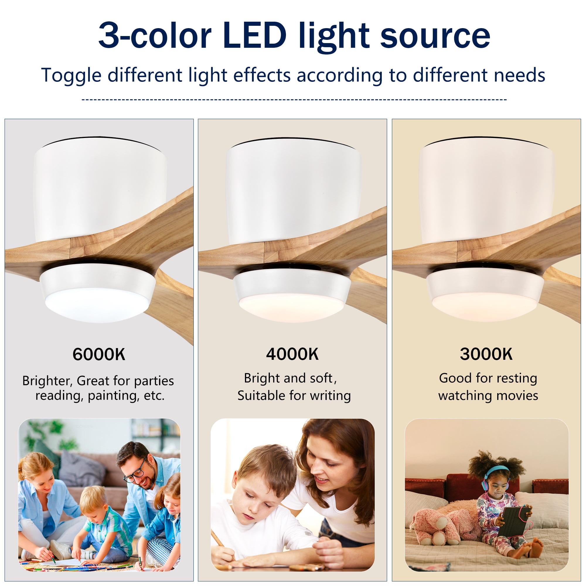 Leumius 52" Flush Mount Solid Wood Blades Ceiling Fan with Light and Remote Control,Quiet DC Motor 6 Speed Levels,Reversible for Patio Living Room Bedroom Office White+Natural