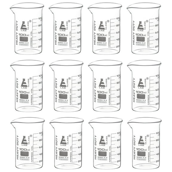 12PK Heavy Duty Beakers, 100ml - 5mm Thick, Uniform Walls - Superior Durability & Chemical Resistance - White Graduations - Borosilicate 3.3 Glass - Eisco Labs