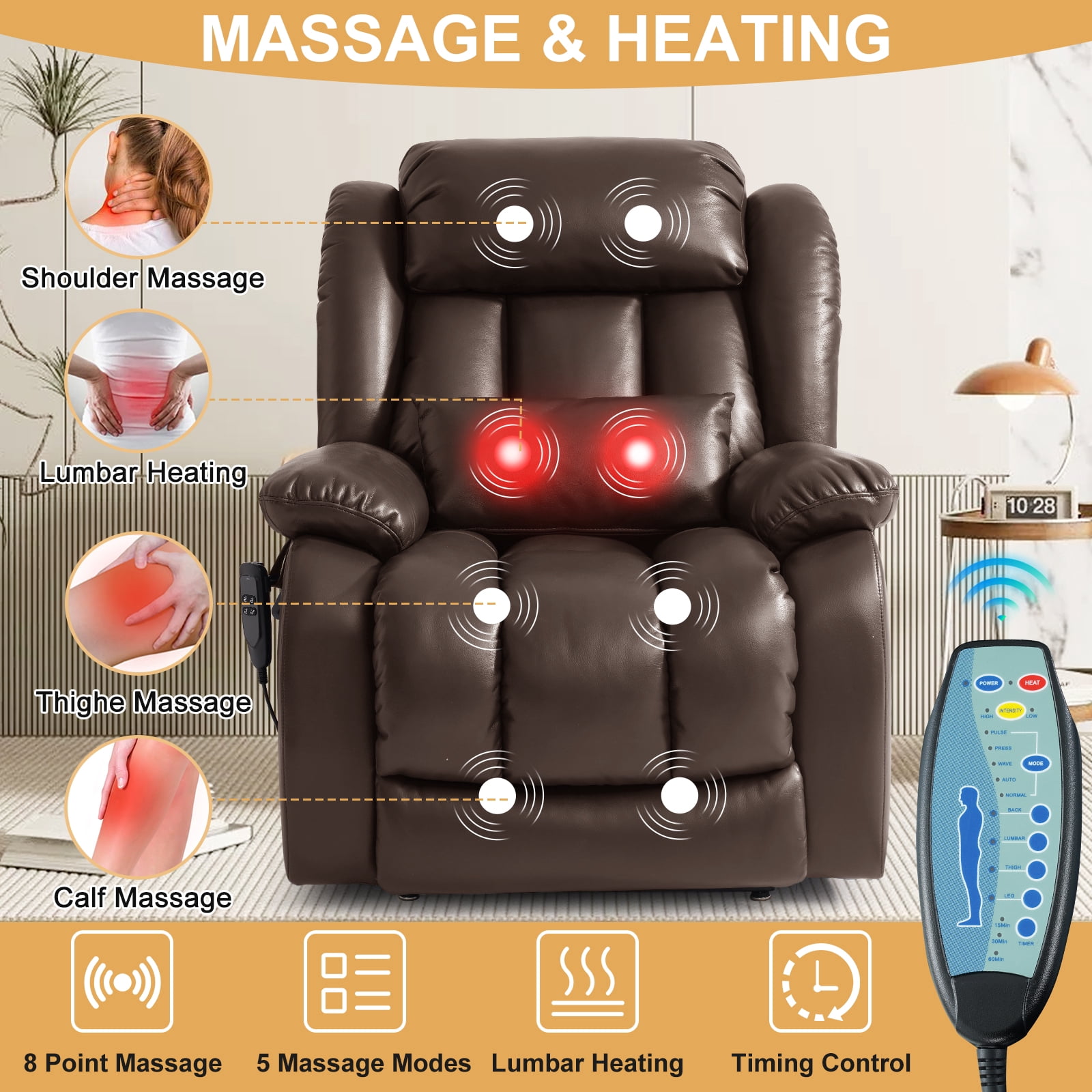 INGALIK Power Lift Recliner Chair Dual Motor, Infinite Position Lay Flat Recliners for Adult & Elderly with Heat & Massage, Large, Type-C Charge, Lumbar Pillow for Living Room, Leather (Brown)