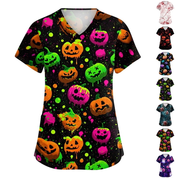 Wutalume Halloween Women's V-Neck Scrub Top - Short Sleeve with Pockets, Stylish for Halloween Costumes, Perfect as Work Blouses or Casual Tops for Women,Blue L