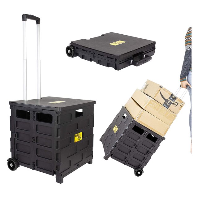 dbest products Quik Cart Pro Collapsible Handcart with Lid Seat Stool, Black