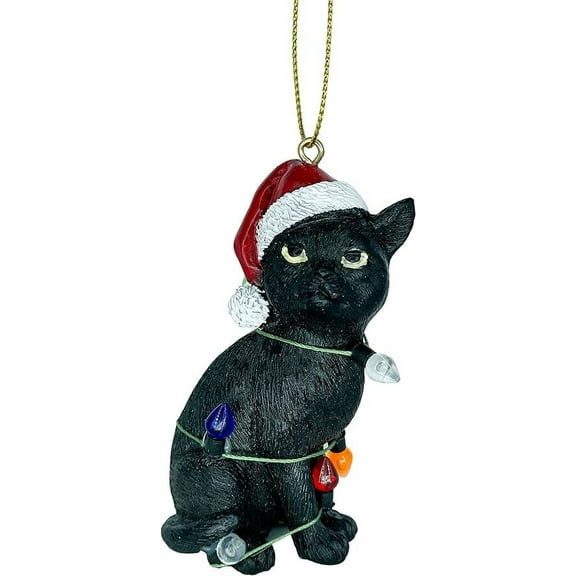 Black Cat Christmas Tree Ornament with Santa Hat Wrapped in Christmas Tree Colored Lights