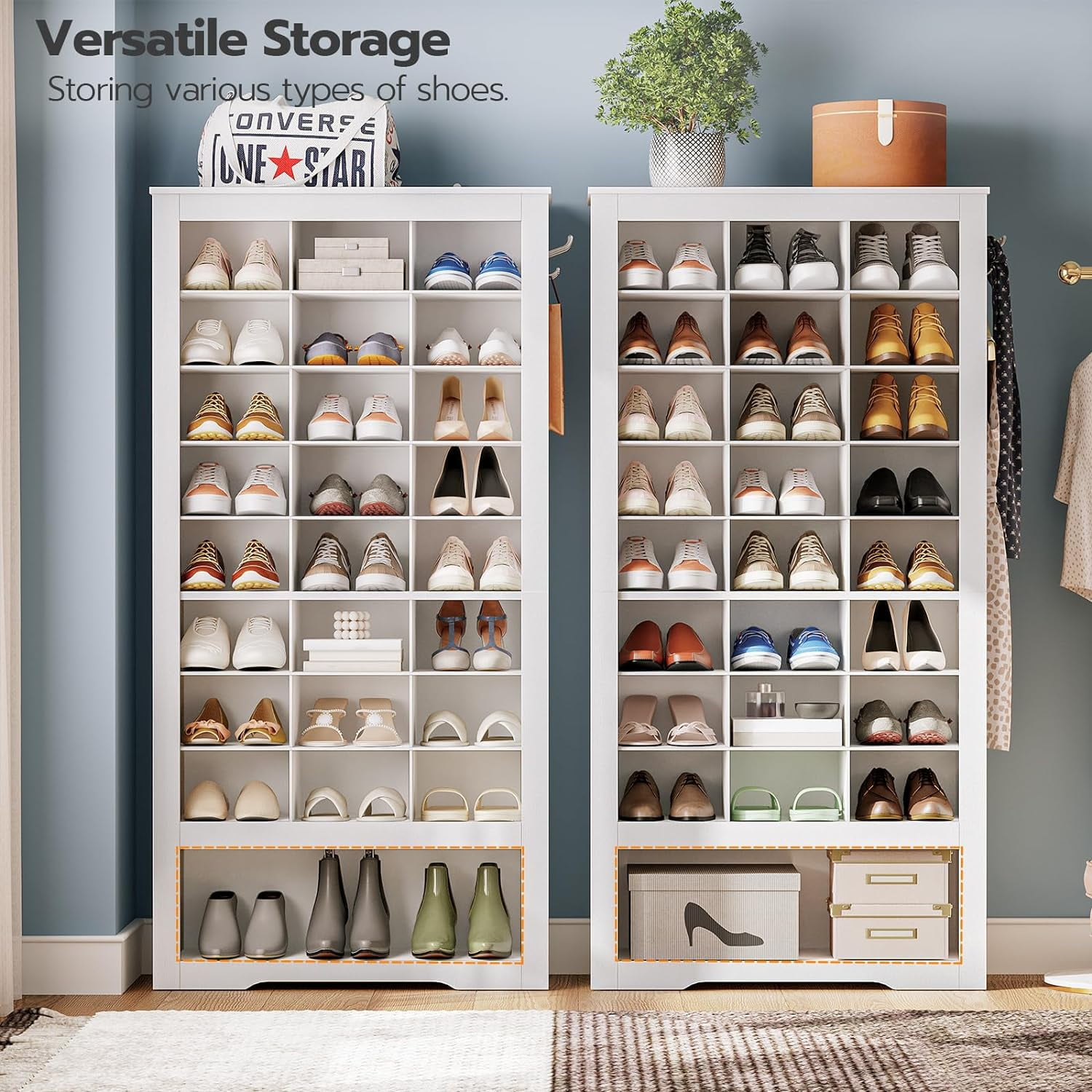 HOOBRO Heavy Duty 8-Tier Shoe Rack with 24 Cubbies & 3 Hooks, White