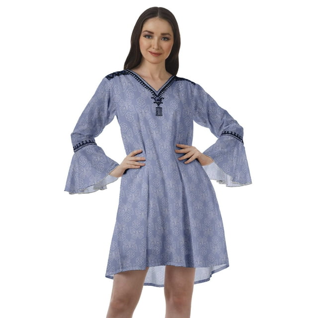 Moomaya Robes Mini Imprimées Col en V Femmes Manches à Volants Robes de Plage Femmes