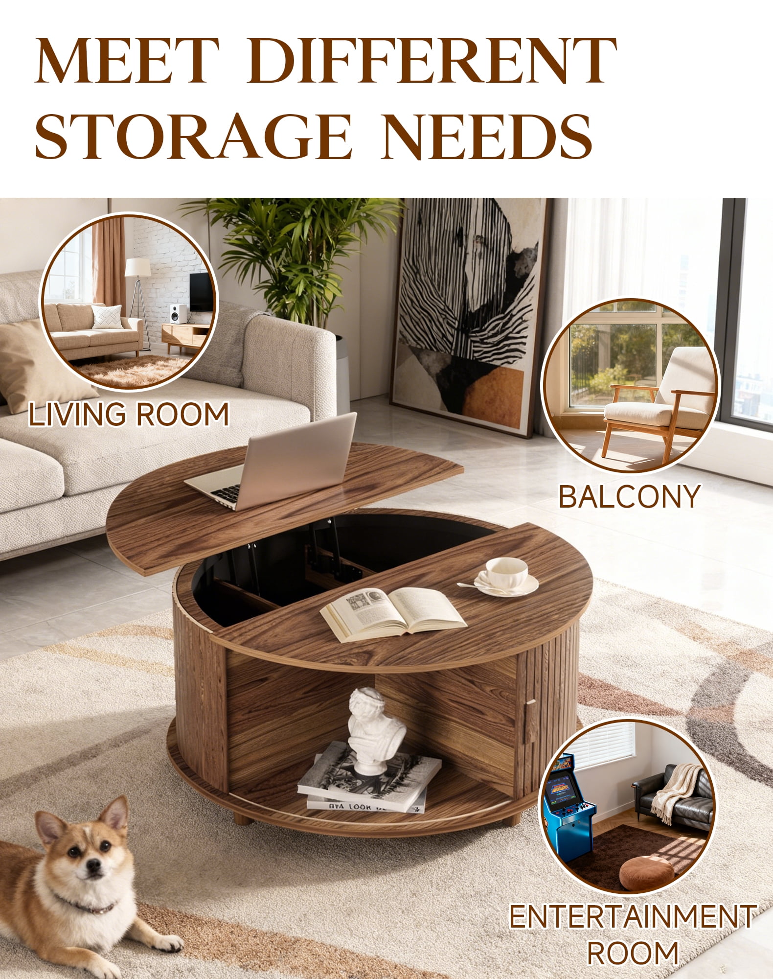 Putuo Decor Round Lift Top Coffee Table with Storage, Fluted Wood Tambour Door, Walnut