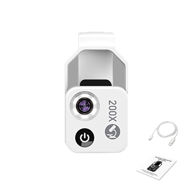 200X Portable Mobile Phone Microscope with CPL, 6 LED Lights & 2 Brightness Levels, Rechargeable Built-in Lithium Battery, Adjustable Width for iOS/Android, Lightweight ABS+PC+Aluminum Construction,