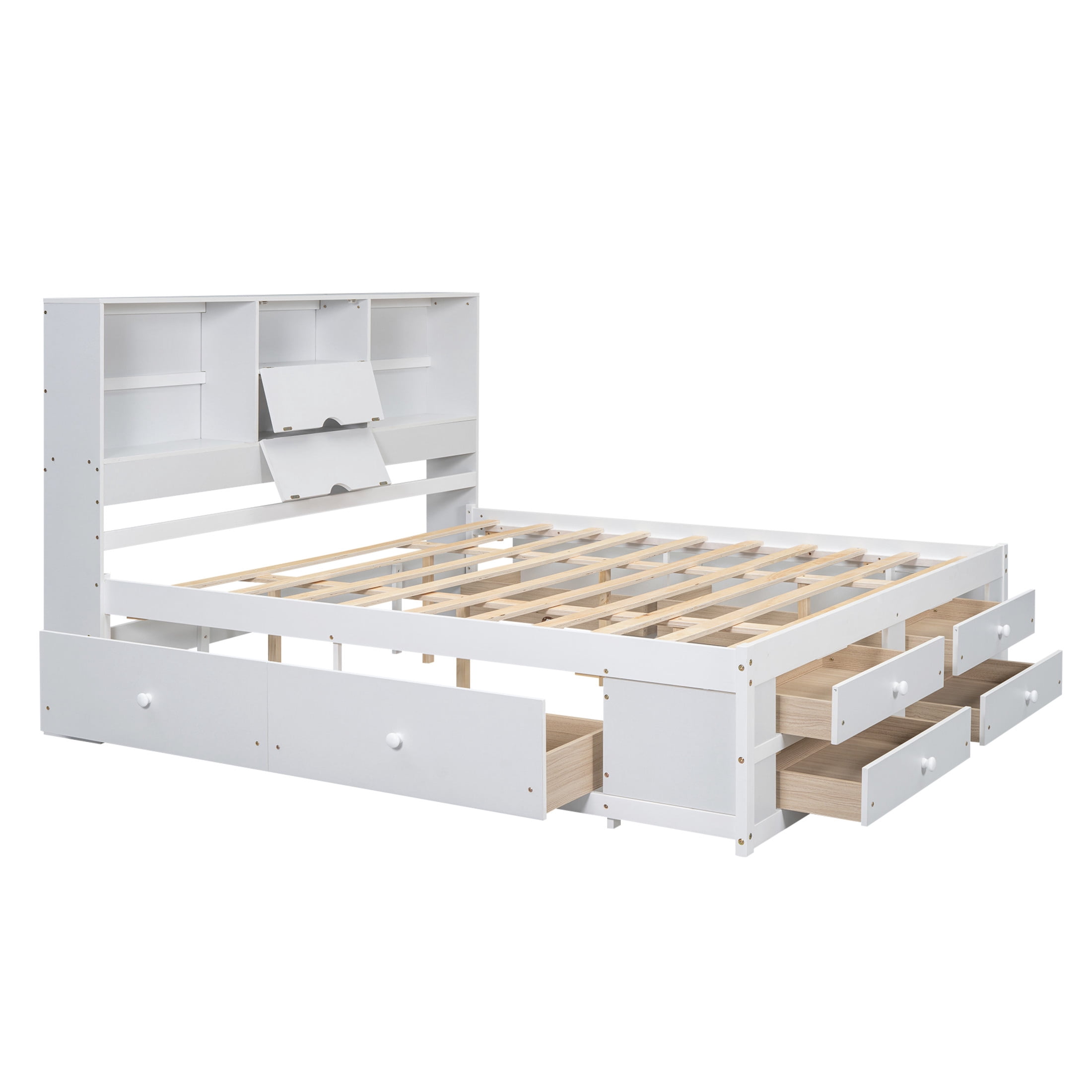 Noble House Solridge King Size Platform Bed with Bookcase Headboard and Storage Drawers, Solid Wood Frame, White