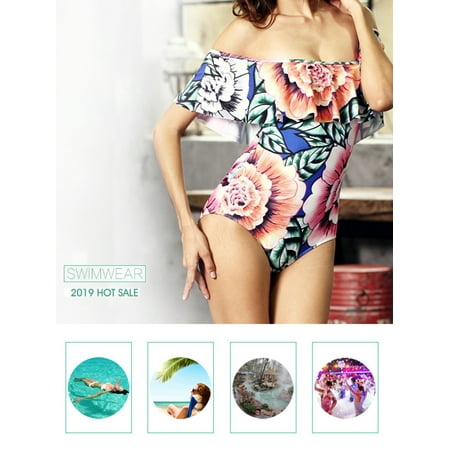 2019 Newest Hot Women One-Piece Off Shoulder Lotus Print One-Piece Swimsuit Swimwear Swimming Costume Slim Bathing Suit for Ladies Girls Swimming