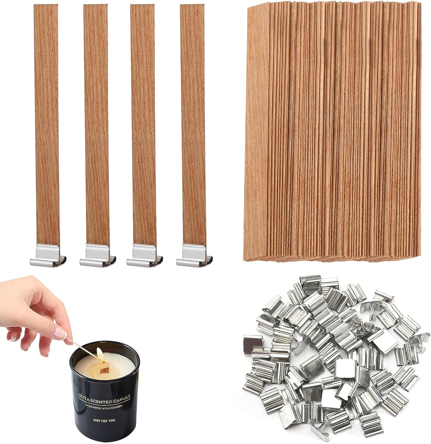 460-Piece Candle Making Wick Kit - 200 Wooden Wicks, 100 Metal Bases, 80 Stickers (13cm Long)
