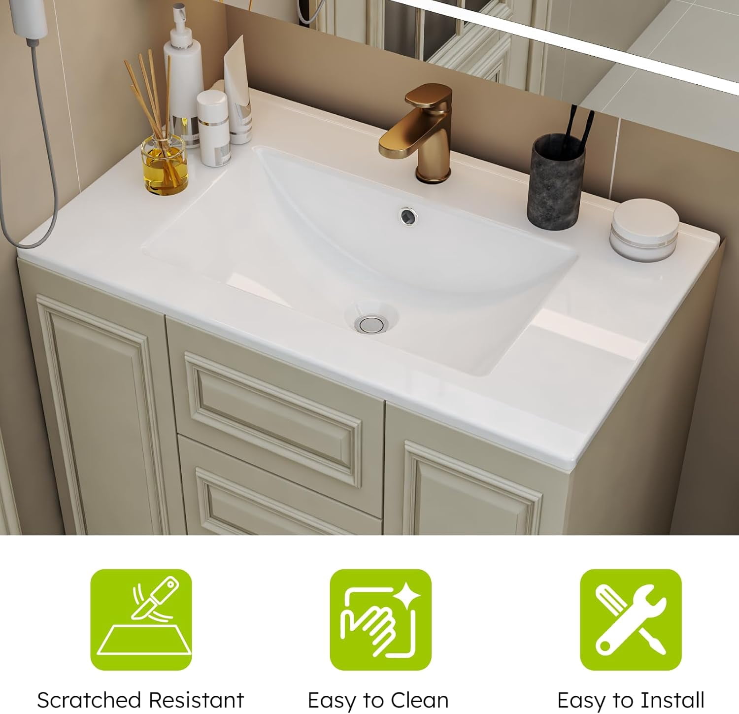 EVOKEDEN Bathroom Sink, Bathroom Counter Top 24'' x 18'', Rectangular Porcelain Ceramic Vanity Basin with Overflow, Single Sink Basin Vanity Top, Glossy White