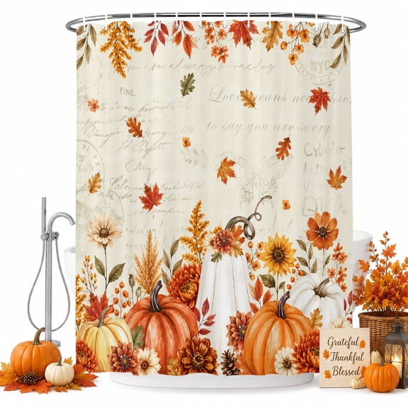Small Stall Shower Curtain 36x72 Inch Narrow Half Size Thanksgiving Fall Bath Curtains Bathroom Decor, Autumn Pumpkin Flowers Leaves Branches Waterproof Fabric Shower Curtain Set with Hooks 36 Inch