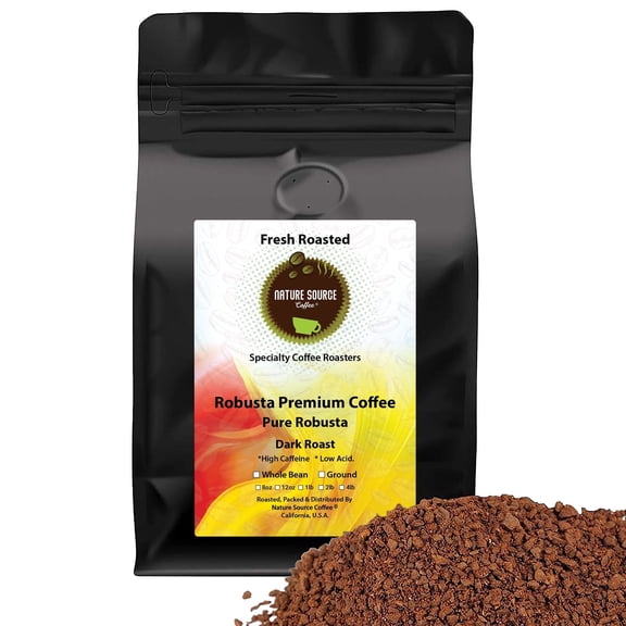 Robusta Premium Coffee | Pure Robusta | Dark Roast | High Caffeine | Low Acid | Fresh Roasted (12oz, Whole Bean)