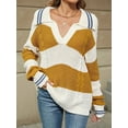 thumbnail image 2 of Womens Striped Lapel Loose Fall Winter V Neck Casual Long Sleeve Color Block Pullover Knit Sweater Yellow & White XL, 2 of 6