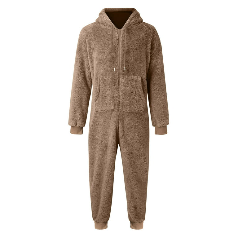 Lisingtool Overalls Men Artificial Wool Long Sleeve Pajamas Casual Solid  Color Zipper Loose Hooded Jumpsuit Pajamas Casual Winter Warm Rompe  Jumpsuit