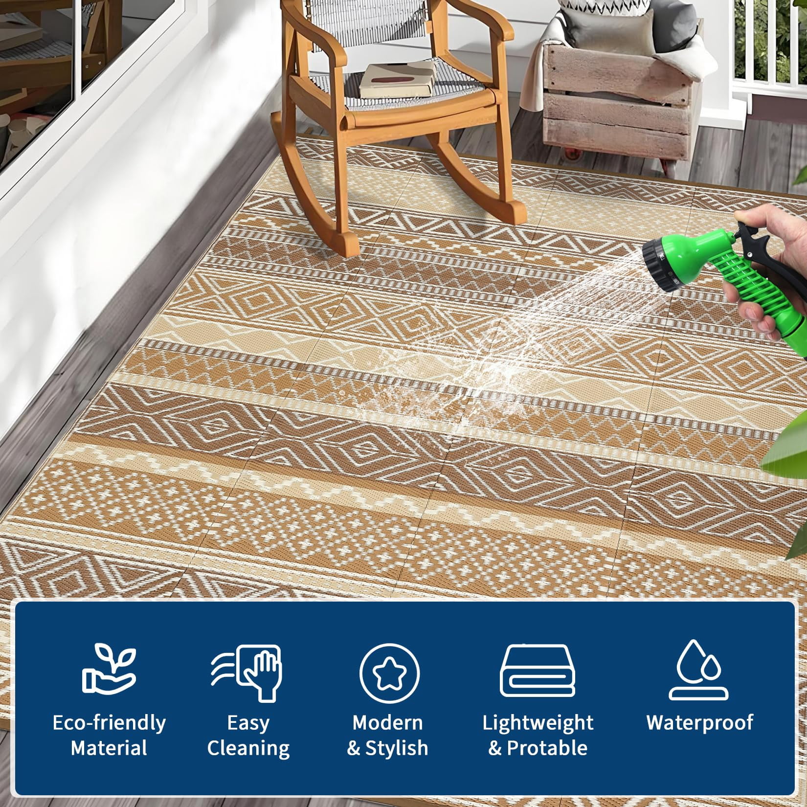Waterproof & Reversible Outdoor Rug – Durable Patio Carpet for Camping, RV, Deck, Picnic, Porch, Backyard – Lightweight, UV & mark Resistant