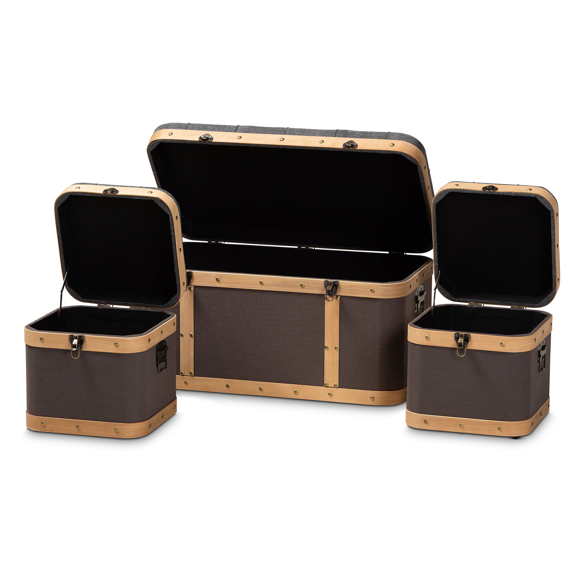 Baxton Studio Stephen Modern and Contemporary Transitional Dark Brown  Fabric Upholstered and Oak Brown Finished 2-Piece Storage Trunk Set 