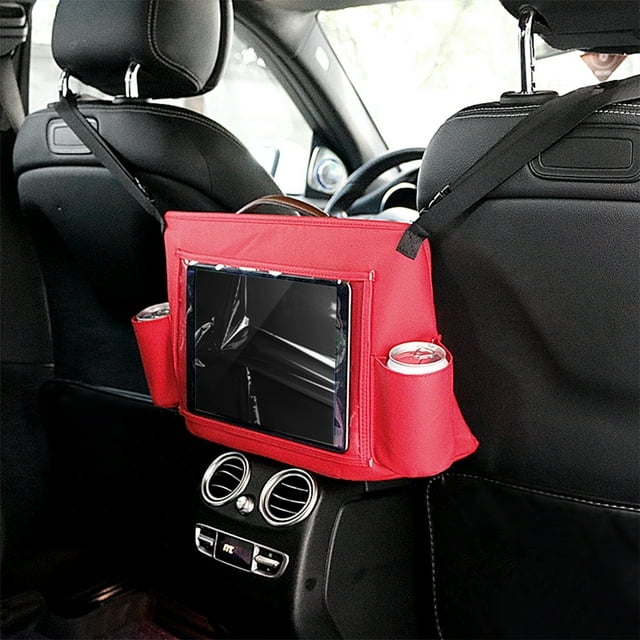 Organizador de almacenamiento para coche con tableta táctil para refrigerios, bebidas, juguetes, revistas y accesorios de viaje. Almacenamiento para vehículos.