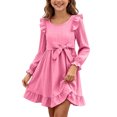 thumbnail image 2 of Girls Ruffle Dress Long Sleeve Crewneck Waist Belt Dress Kids Solid Color Casual Comfortable Outfits for Daily Wear Pink 9-10 Years, 2 of 7