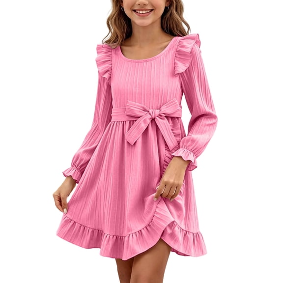 Girls Long Sleeve Cute Dresses Fall Spring Ruffled Semi Formal Dress Crew Neck Aline Casual Dress Pink, Size 7 Y