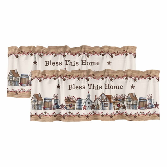 Farmhouse Curtain Valances for Windows, Kitchen Valance Window Treatments Panel 2 Pack, Country Star Barn Berry Brown Wood Plank Rod Pocket Short Curtains for Bathroom Bedroom 42 x 18 Inch