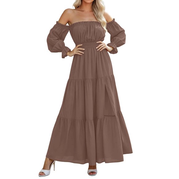 FYEGRE Womens Off Shoulder Smocked Maxi Dress Long Sleeve Flowy Long Dresses Tiered Elegant Cocktail Party Dress Coffee XXL