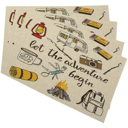 

Camping Placemats for Kitchen Dining Table Set of 4 Camp Bonfire Vintage Lantern Enamel Mug Camper Van Matchbox Linen Washable Heat Resistant Place Mats