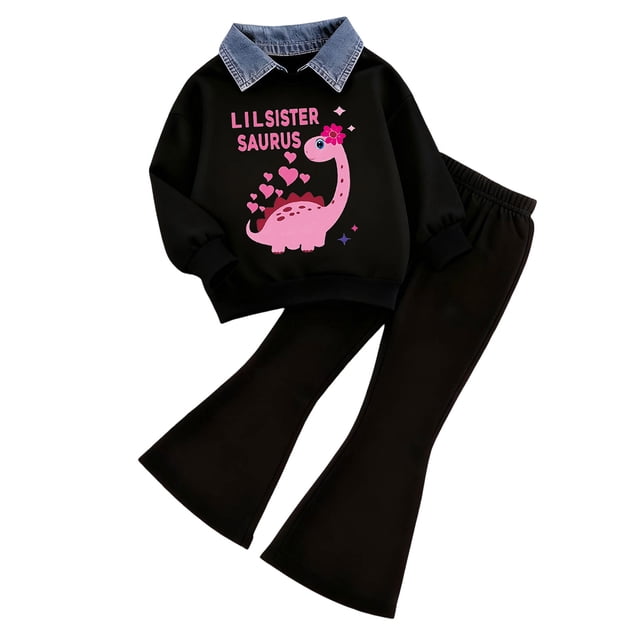 Caqnni Girl Spring Fall Comfortable Polo Neck Lightweight Pullover Sweatshirt Paired with Easy Flare Pants Two-Piece Comfort Set(Dark Blue,2-3 Years)