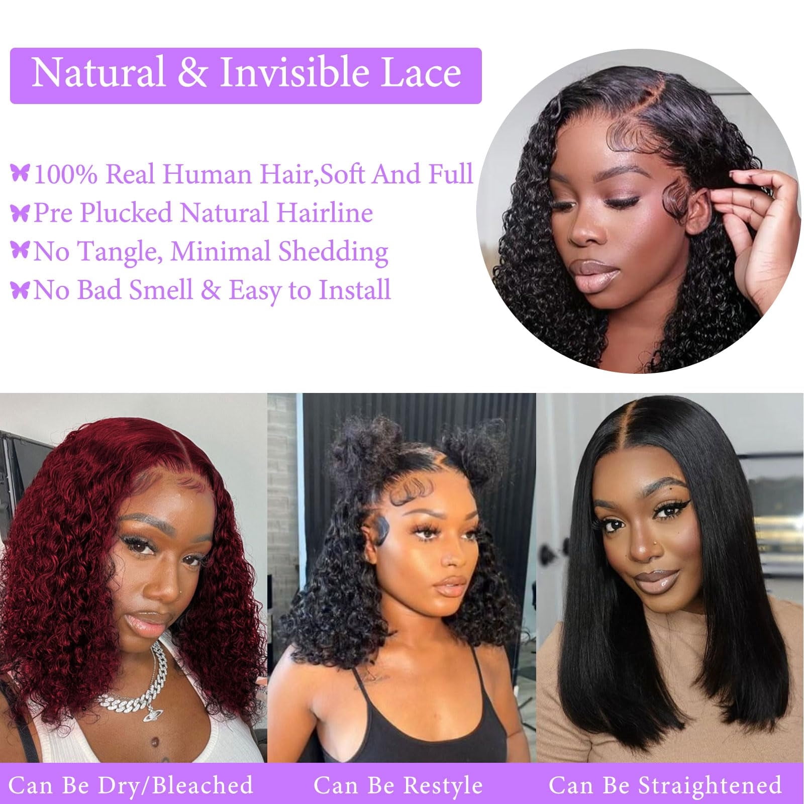 4x4 Wear and Go  Lace Closures Wigs Human Hair Natural Black Color Kinky Curly  Bob Human Hair Wigs for Black Women  Wet and Wavy Human Hair Bob Wigs ,No glue,easy to wear