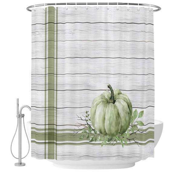 Sage Green Pumpkin Shower Curtain, Waterproof Shower Curtains for Bathroom, Thanksgiving Fall Leaf Retro Stripe Washable Fabric Bathtub Curtain Set Bath Decor with 12 Hooks Long 72"x84"