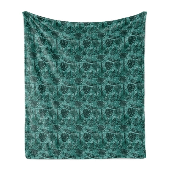 Hawaiian Soft Flannel Fleece Throw Blanket, Exotic and Monochrome Style Jungle Leaves Clutter Nature Tones, Cozy Plush for Indoor and Outdoor Use, 50" x 60", Pale Teal Hunter Green, by Ambesonne