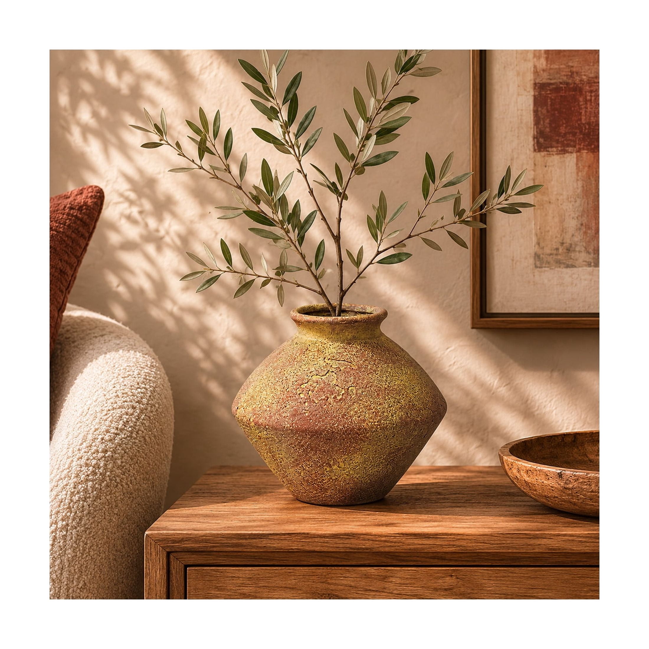 DecMode 7" Antique Style Textured Red Ceramic Vase with Yellow Shadings