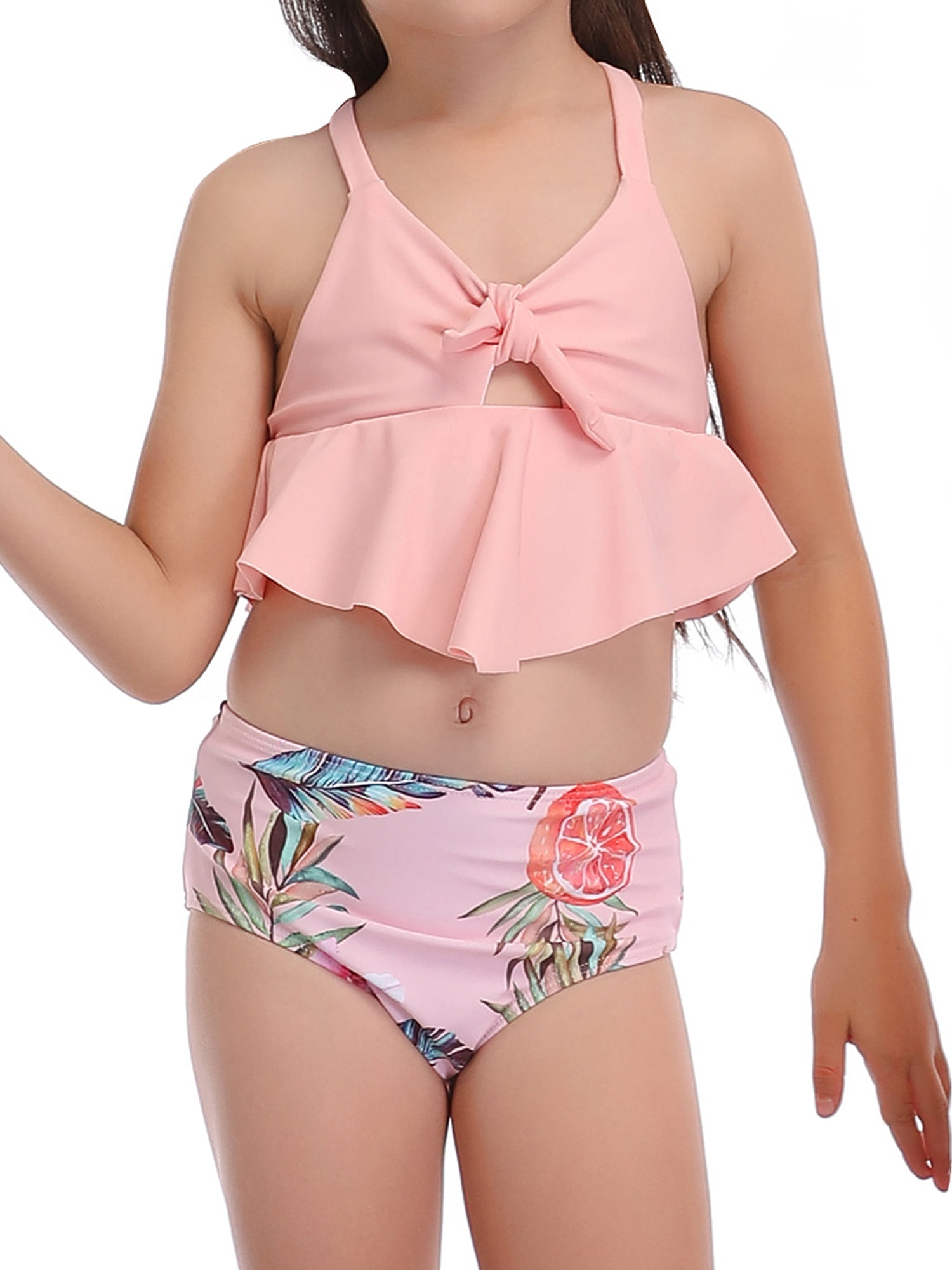 Zlolia Kids Children Girls Floral Print Tassel Ruffled Swimwear 2 Piece Split Cami Swimsuit Summer Bikini Sets 