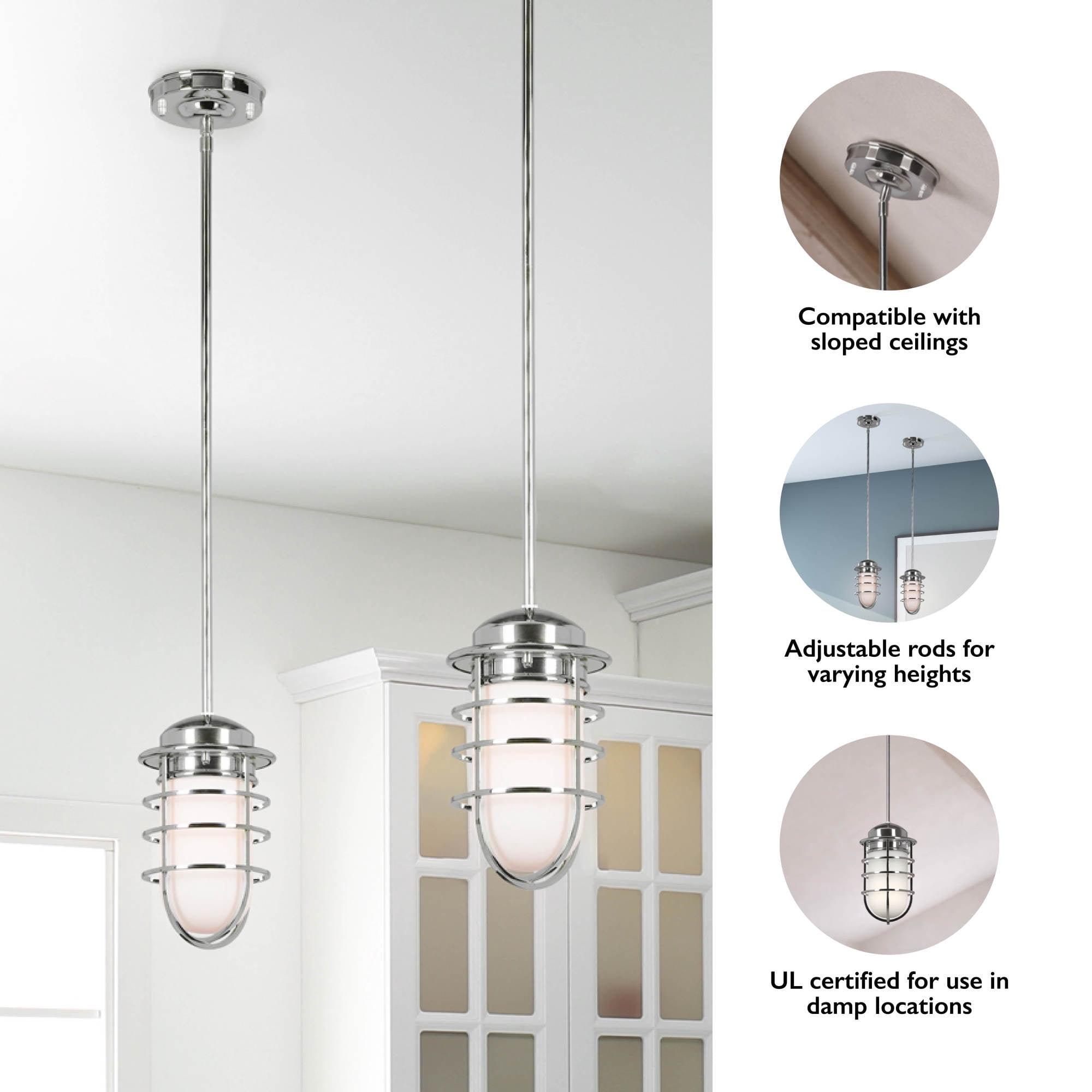 Polished Chrome Seaton 1-Light Dimmable Pendant with Removable Wire Cage and Frosted Glass, Sloped Ceiling Compatible