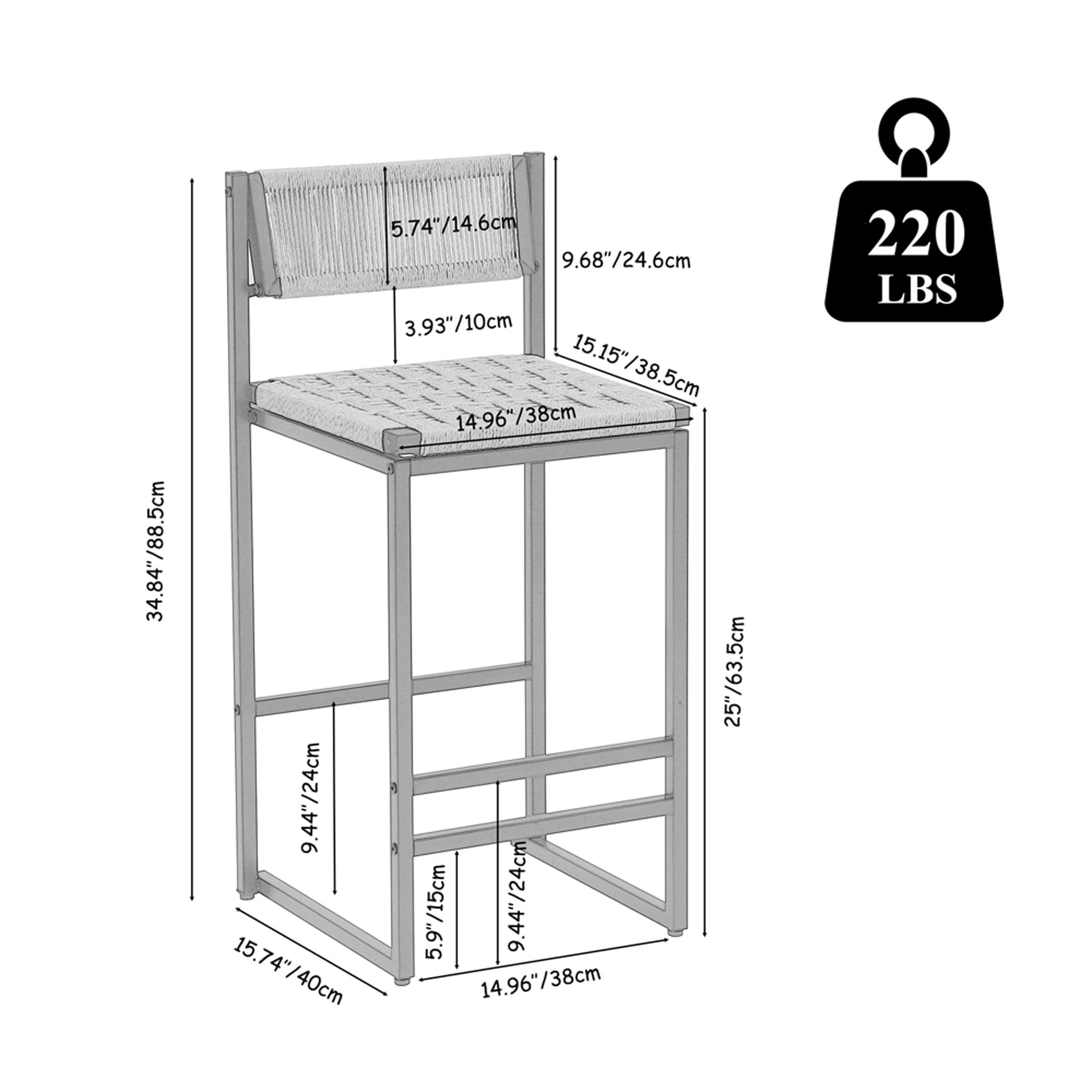 SYNGAR Bar Stools with Back Sets of 2, Woven Bar Chair with Metal Legs, Counter Height Bar Stools, Bar Chairs for Kitchen Bars Restaurants, Tufted Barstools Set, Creamy White