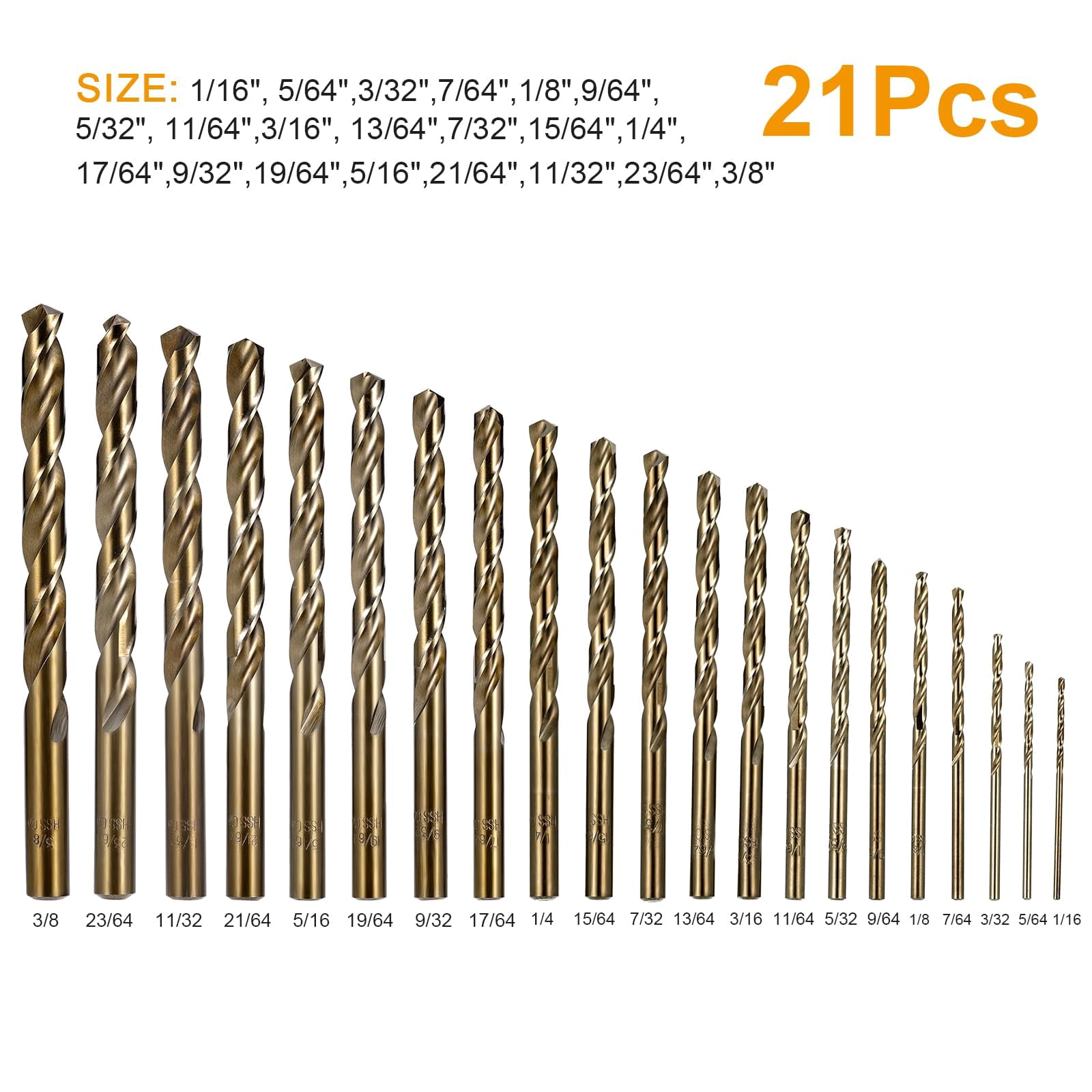 Cobalt Drill Bit Set for Metal and Hardened Steel, 21Pcs M35 HSSTwist Jobber Metal Drill Bits 1/16"-3/8", with Index Storage Box
